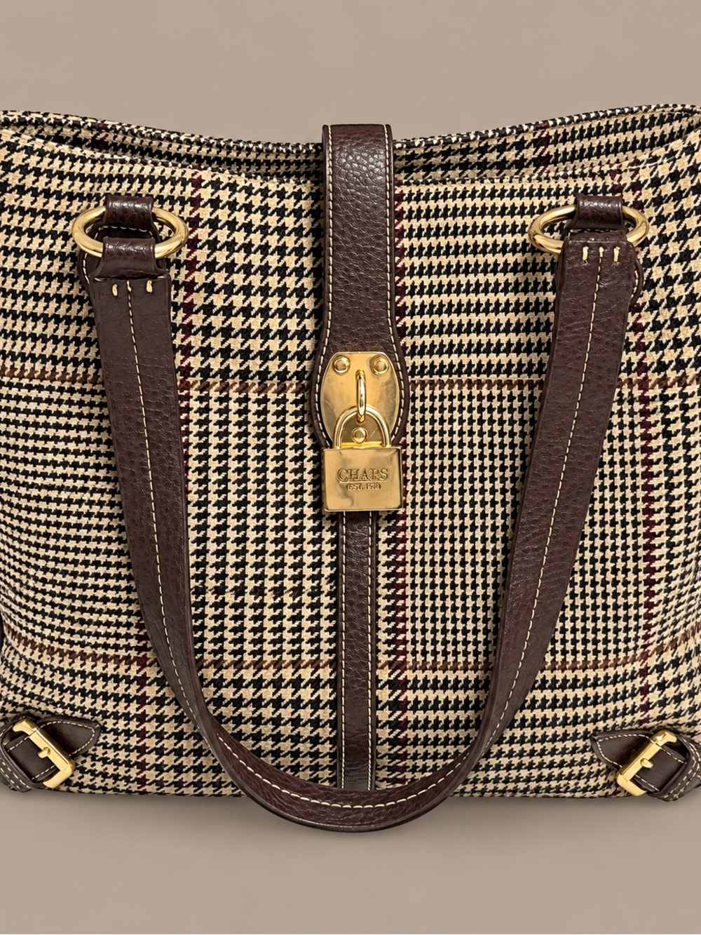 Chaps Brown and Cream Houndstooth Tote with Gold Hardware